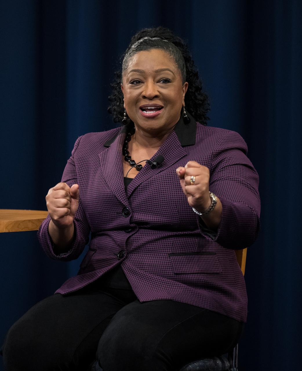 NASA Goddard’s Deputy Director for Technology and Research Investments, Dr. Christyl Johnson, speaks during a panel discussion with NASA IT Cybersecurity Specialist, Sarah Adewumi, NASA Deputy Associate Administrator for STEM, Kris Brown, NASA Headquarters Deputy Director for the Astrophysics Division, Sandra Cauffman, and NASA Associate Chief Scientist for Exploration and Applied Research, Dr. Mamta Patel Nagaraja as part of a Women’s History Month program, “Celebrating Women Who Tell Our Stories,” Wednesday, March 22, 2023 at NASA’s Goddard Space Flight Center in Greenbelt, Maryland. Photo Credit: (NASA/Aubrey Gemignani)