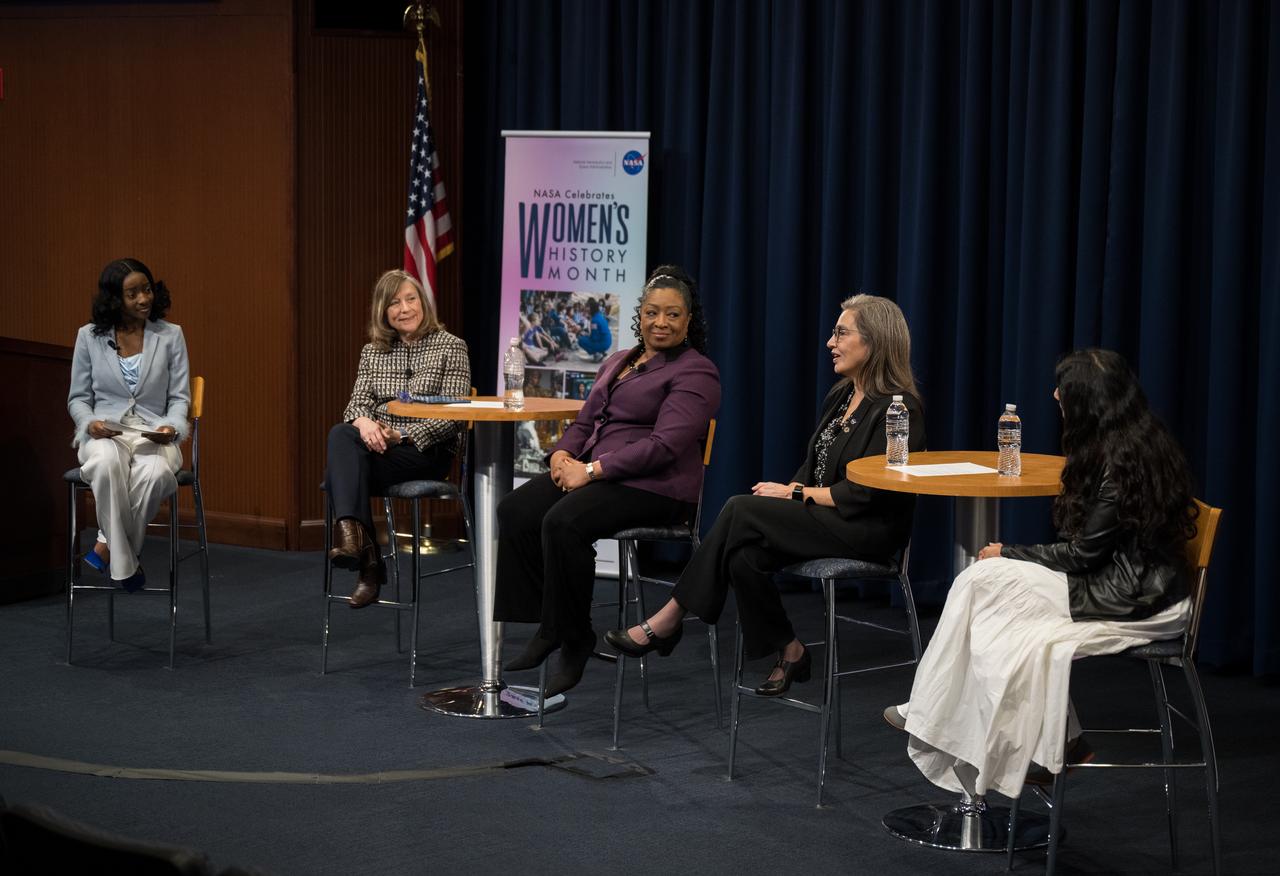 NASA IT Cybersecurity Specialist, Sarah Adewumi, left, moderates a panel discussion with NASA Deputy Associate Administrator for STEM, Kris Brown, NASA Goddard’s Deputy Director for Technology and Research Investments, Dr. Christyl Johnson, NASA Headquarters Deputy Director for the Astrophysics Division, Sandra Cauffman, and NASA Associate Chief Scientist for Exploration and Applied Research, Dr. Mamta Patel Nagaraja during an event for Women’s History Month, “Celebrating Women Who Tell Our Stories,” Wednesday, March 22, 2023 at NASA’s Goddard Space Flight Center in Greenbelt, Maryland. Photo Credit: (NASA/Aubrey Gemignani)