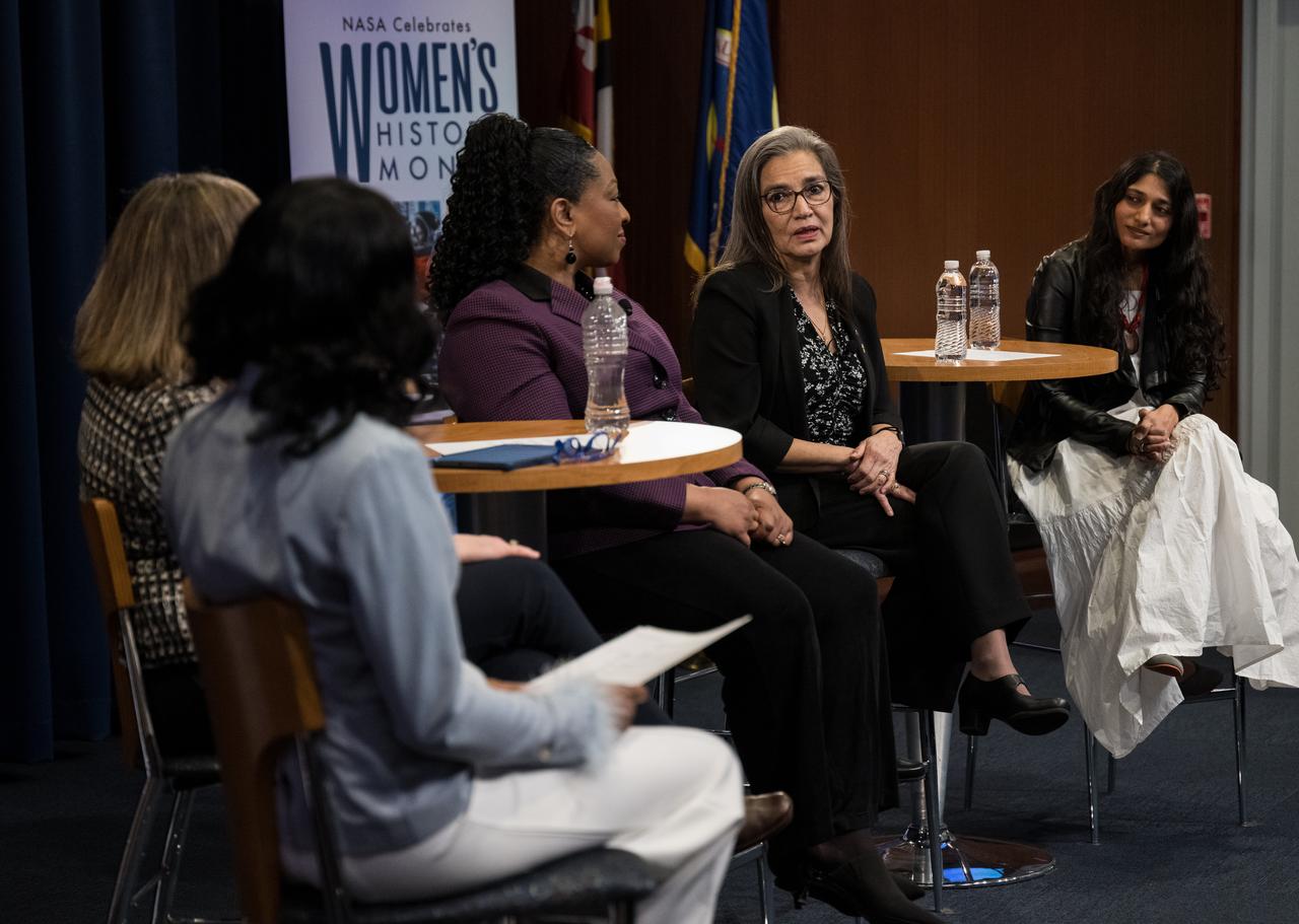 NASA Headquarters Deputy Director for the Astrophysics Division, Sandra Cauffman, speaks during a panel discussion with NASA IT Cybersecurity Specialist, Sarah Adewumi, NASA Goddard’s Deputy Director for Technology and Research Investments, Dr. Christyl Johnson, NASA Deputy Associate Administrator for STEM, Kris Brown, and NASA Associate Chief Scientist for Exploration and Applied Research, Dr. Mamta Patel Nagaraja, as part of a Women’s History Month program, “Celebrating Women Who Tell Our Stories,” Wednesday, March 22, 2023 at NASA’s Goddard Space Flight Center in Greenbelt, Maryland. Photo Credit: (NASA/Aubrey Gemignani)