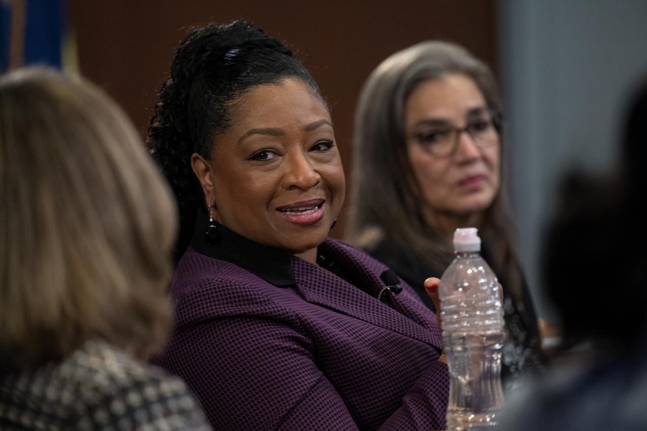 NASA Goddard’s Deputy Director for Technology and Research Investments, Dr. Christyl Johnson, speaks during a panel discussion with NASA IT Cybersecurity Specialist, Sarah Adewumi, NASA Deputy Associate Administrator for STEM, Kris Brown, NASA Headquarters Deputy Director for the Astrophysics Division, Sandra Cauffman, and NASA Associate Chief Scientist for Exploration and Applied Research, Dr. Mamta Patel Nagaraja as part of a Women’s History Month program, “Celebrating Women Who Tell Our Stories,” Wednesday, March 22, 2023 at NASA’s Goddard Space Flight Center in Greenbelt, Maryland. Photo Credit: (NASA/Aubrey Gemignani)