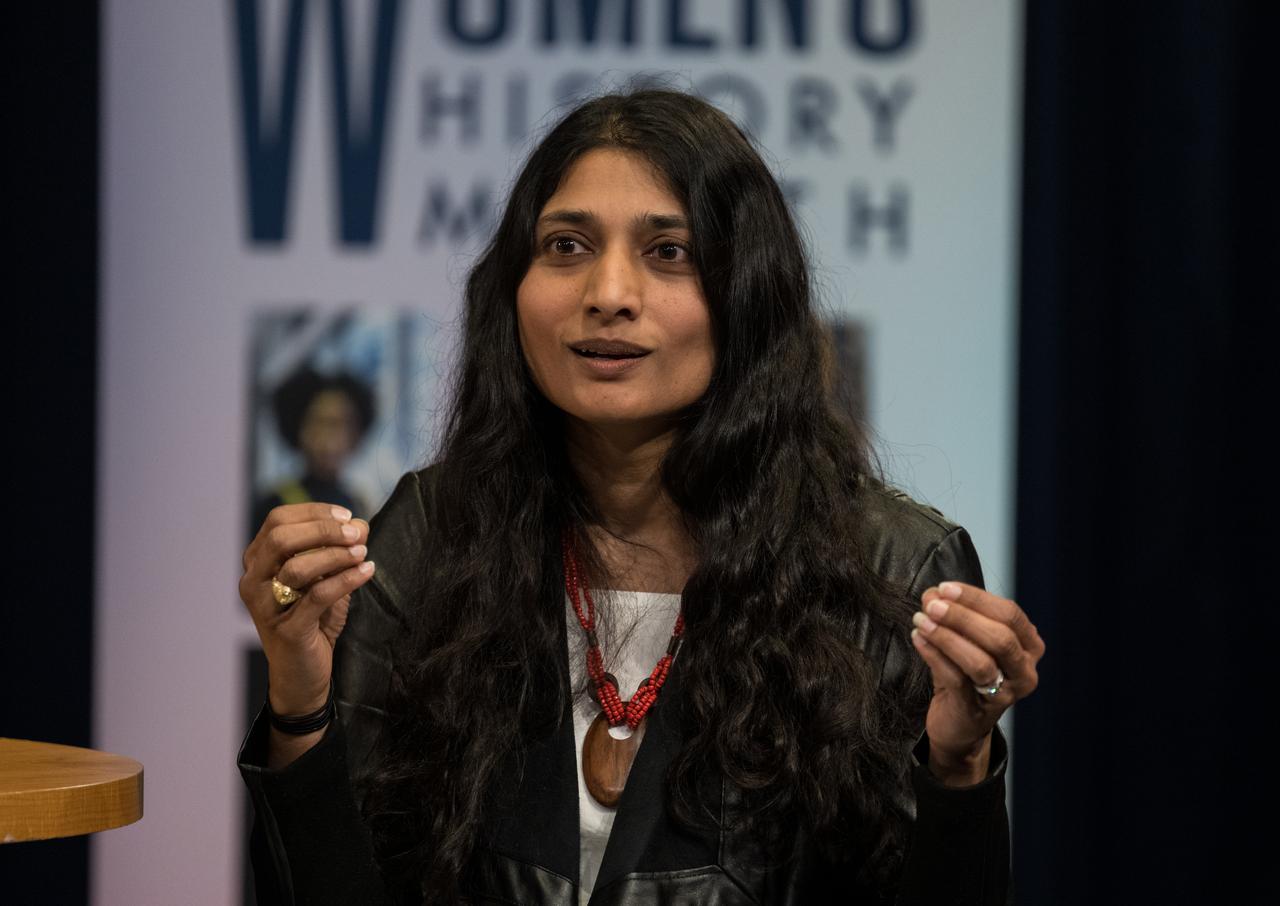 NASA Associate Chief Scientist for Exploration and Applied Research, Dr. Mamta Patel Nagaraja, speaks during a panel discussion with NASA IT Cybersecurity Specialist, Sarah Adewumi, NASA Goddard’s Deputy Director for Technology and Research Investments, Dr. Christyl Johnson, NASA Deputy Associate Administrator for STEM, Kris Brown, and NASA Headquarters Deputy Director for the Astrophysics Division, Sandra Cauffman, as part of a Women’s History Month program, “Celebrating Women Who Tell Our Stories,” Wednesday, March 22, 2023 at NASA’s Goddard Space Flight Center in Greenbelt, Maryland. Photo Credit: (NASA/Aubrey Gemignani)
