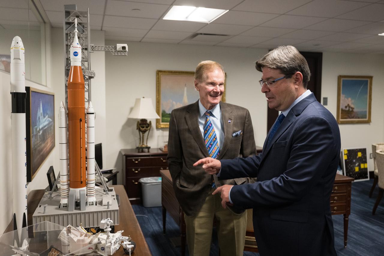 NASA Administrator Bill Nelson shows Israel’s Minister of Innovation, Science, and Technology, Ofir Akunis, a model of the Space Launch System (SLS), Monday, March 27, 2023 at the Mary W. Jackson NASA Headquarters building in Washington DC. Photo Credit: (NASA/Aubrey Gemignani)