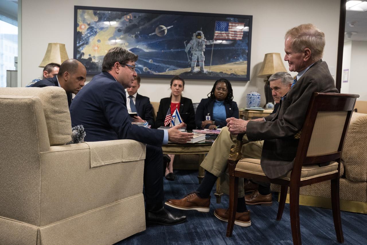 NASA Administrator Bill Nelson, right, and Associate Administrator Bob Cabana, second from right, meet with, from left to right, Israel’s Minister of Innovation, Science, and Technology, Ofir Akunis, Israel’s Deputy Director General, Omer Shechter, Israel’s Chief of Staff, Asaf Magen, Chief of Staff, Ambassador of Israel to the United States, Evan Charney, NASA Office of International and Interagency Relations, Rebecca Levy, NASA Office of International and Interagency Relations, Amber McIntyre, and NASA Associate Administrator, Office of International and Interagency Relations, Karen Feldstein, Monday, March 27, 2023 at the Mary W. Jackson NASA Headquarters building in Washington DC. Photo Credit: (NASA/Aubrey Gemignani)
