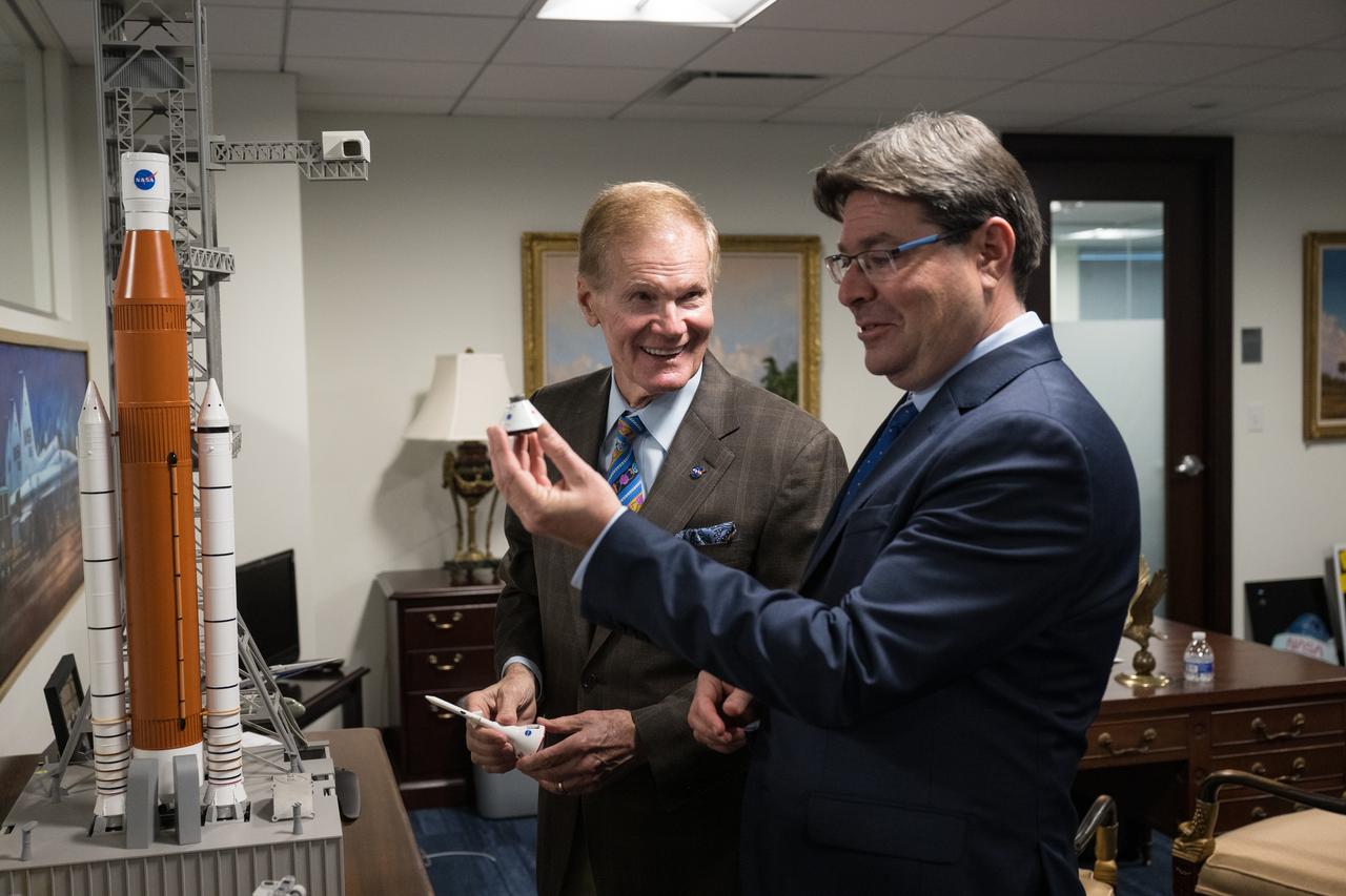 NASA Administrator Bill Nelson shows Israel’s Minister of Innovation, Science, and Technology, Ofir Akunis, a model of the Orion capsule, Monday, March 27, 2023 at the Mary W. Jackson NASA Headquarters building in Washington DC. Photo Credit: (NASA/Aubrey Gemignani)