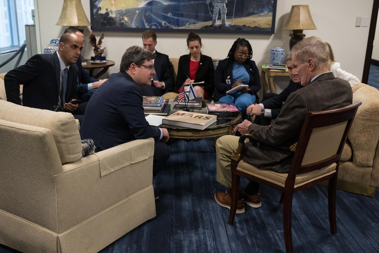 NASA Administrator Bill Nelson, right, and Associate Administrator Bob Cabana, second from right, meet with, from left to right, Israel’s Minister of Innovation, Science, and Technology, Ofir Akunis, Israel’s Deputy Director General, Omer Shechter, Israel’s Chief of Staff, Asaf Magen, Chief of Staff, Ambassador of Israel to the United States, Evan Charney, NASA Office of International and Interagency Relations, Rebecca Levy, NASA Office of International and Interagency Relations, Amber McIntyre, and NASA Associate Administrator, Office of International and Interagency Relations, Karen Feldstein, Monday, March 27, 2023 at the Mary W. Jackson NASA Headquarters building in Washington DC. Photo Credit: (NASA/Aubrey Gemignani)