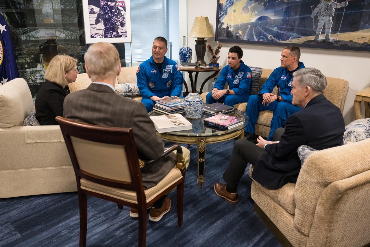 From left to right, NASA Administrator, Bill Nelson, NASA Deputy Administrator, Pam Melroy, NASA’s SpaceX Crew-4 NASA astronauts Kjell Lindgren, Jessica Watkins, and Robert Hines, and NASA Associate Administrator Bob Cabana, meet, Monday, March 27, 2023, at the Mary W. Jackson NASA Headquarters building in Washington DC. Photo Credit: (NASA/Aubrey Gemignani)