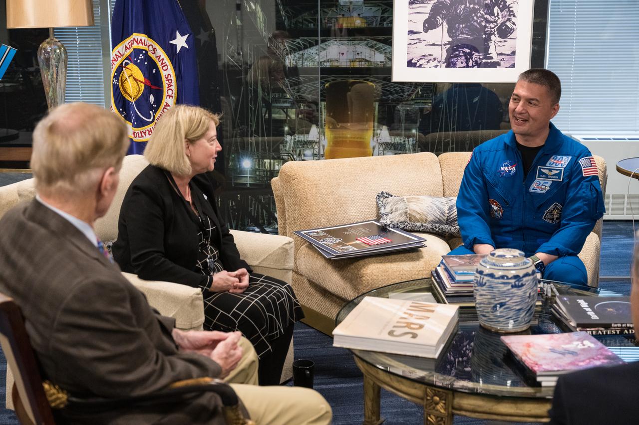 From left to right, NASA Administrator, Bill Nelson, NASA Deputy Administrator, Pam Melroy, and NASA’s SpaceX Crew-4 NASA astronaut Kjell Lindgren are seen during a meeting, Monday, March 27, 2023, at the Mary W. Jackson NASA Headquarters building in Washington DC. Photo Credit: (NASA/Aubrey Gemignani)