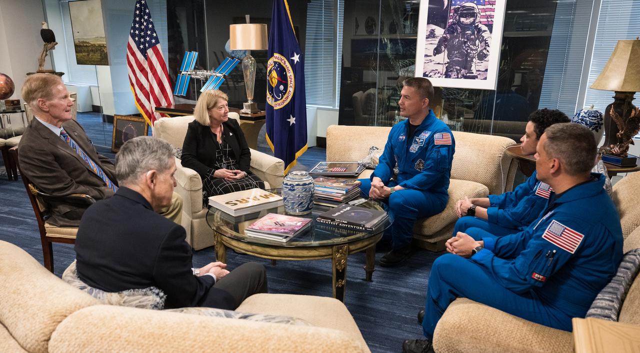 From left to right, NASA Associate Administrator Bob Cabana, NASA Administrator, Bill Nelson, and NASA Deputy Administrator, Pam Melroy, meet with NASA’s SpaceX Crew-4 NASA astronauts Kjell Lindgren, Jessica Watkins, and Robert Hines, Monday, March 27, 2023, at the Mary W. Jackson NASA Headquarters building in Washington DC. Photo Credit: (NASA/Aubrey Gemignani)