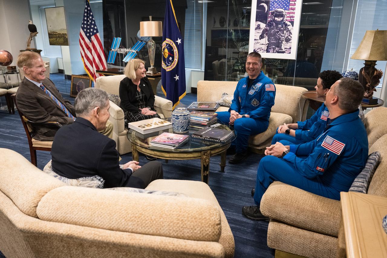 From left to right, NASA Associate Administrator Bob Cabana, NASA Administrator, Bill Nelson, and NASA Deputy Administrator, Pam Melroy, meet with NASA’s SpaceX Crew-4 NASA astronauts Kjell Lindgren, Jessica Watkins, and Robert Hines, Monday, March 27, 2023, at the Mary W. Jackson NASA Headquarters building in Washington DC. Photo Credit: (NASA/Aubrey Gemignani)