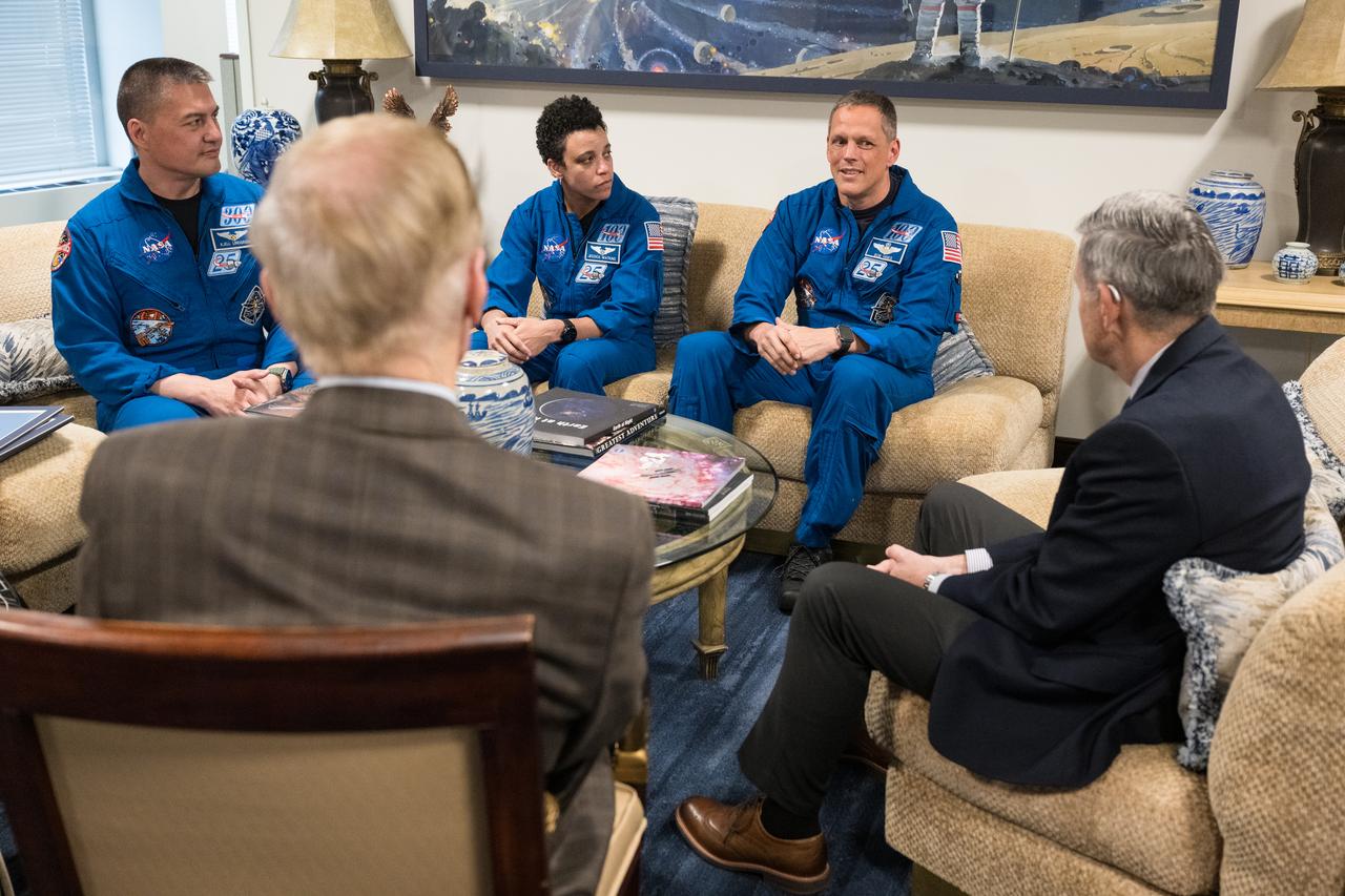 From left to right, NASA Administrator, Bill Nelson, NASA Deputy Administrator, Pam Melroy (not pictured), NASA’s SpaceX Crew-4 NASA astronauts Kjell Lindgren, Jessica Watkins, and Robert Hines, and NASA Associate Administrator Bob Cabana, meet, Monday, March 27, 2023, at the Mary W. Jackson NASA Headquarters building in Washington DC. Photo Credit: (NASA/Aubrey Gemignani)