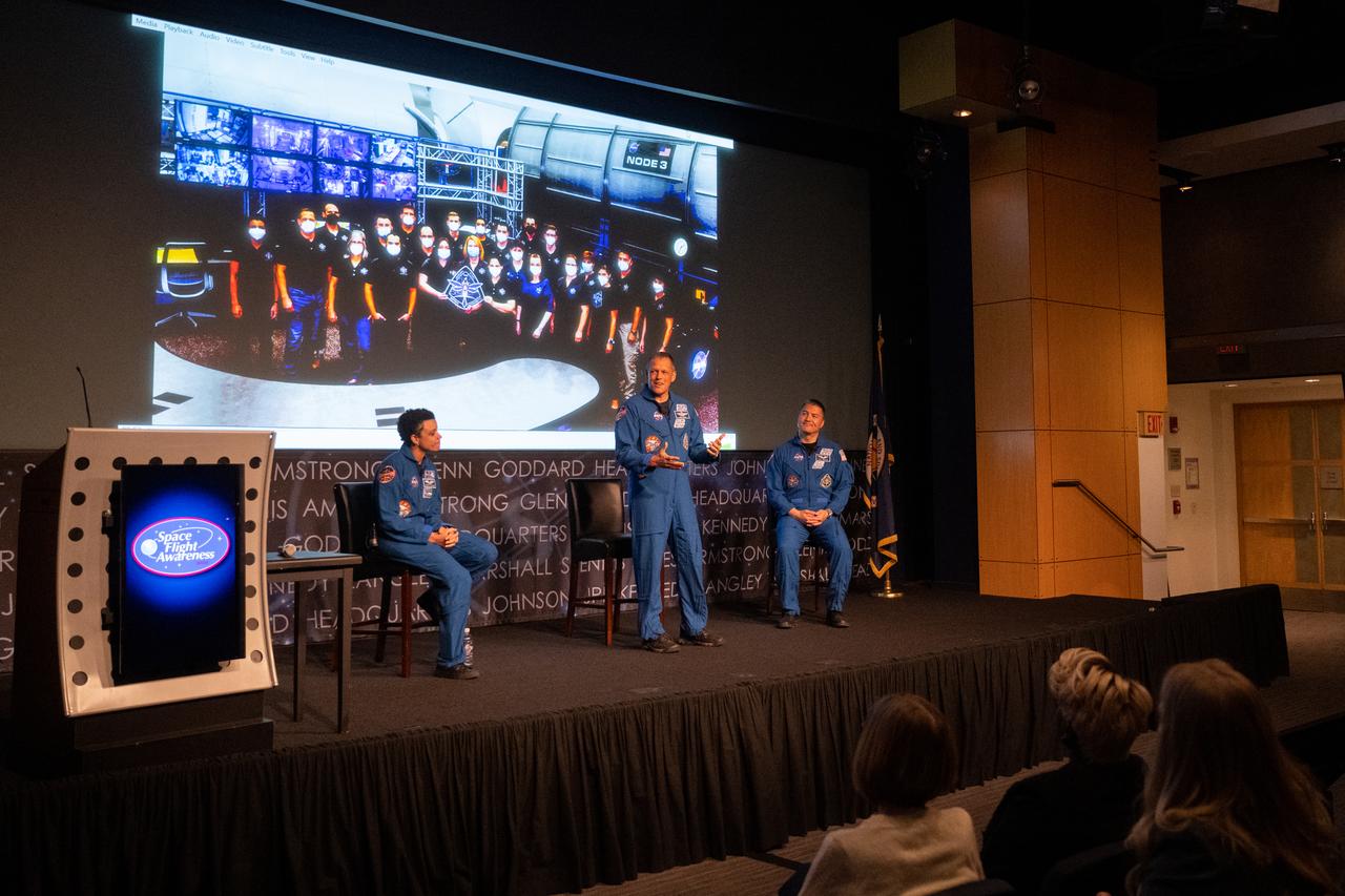 NASA astronauts Jessica Watkins, left, Robert Hines, center, and Kjell Lindgren, right, speak about their time onboard the International Space Station during an employee engagement event, Tuesday, March 28, 2023, at the Mary W. Jackson NASA Headquarters building in Washington. Lindgren, Hines, and Watkins spent 170 days in space as part of Expeditions 67 and 68 aboard the International Space Station.  Photo Credit: (NASA/Joel Kowsky)