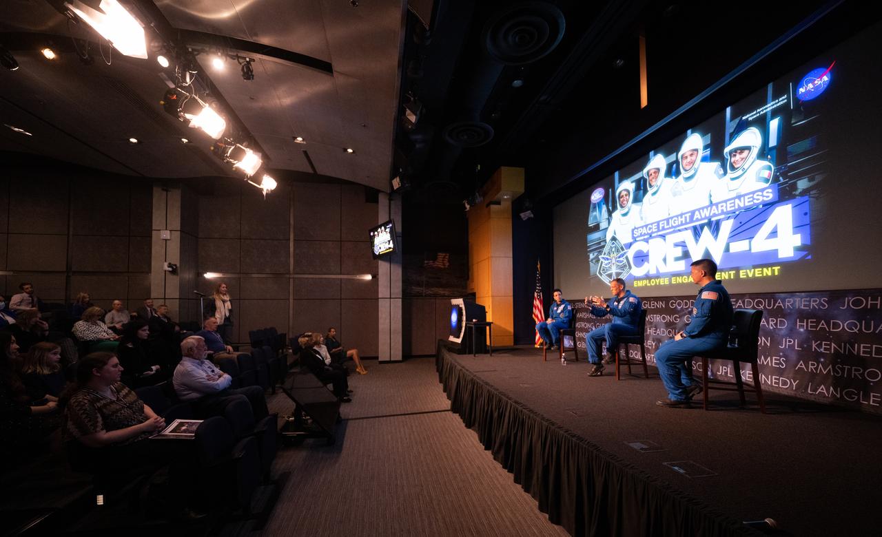 NASA astronaut Robert Hines, center, answers a question along with fellow crewmates Jessica Watkins, left, and Kjell Lindgren, right, during an employee engagement event, Tuesday, March 28, 2023, at the Mary W. Jackson NASA Headquarters building in Washington. Lindgren, Hines, and Watkins spent 170 days in space as part of Expeditions 67 and 68 aboard the International Space Station.  Photo Credit: (NASA/Joel Kowsky)