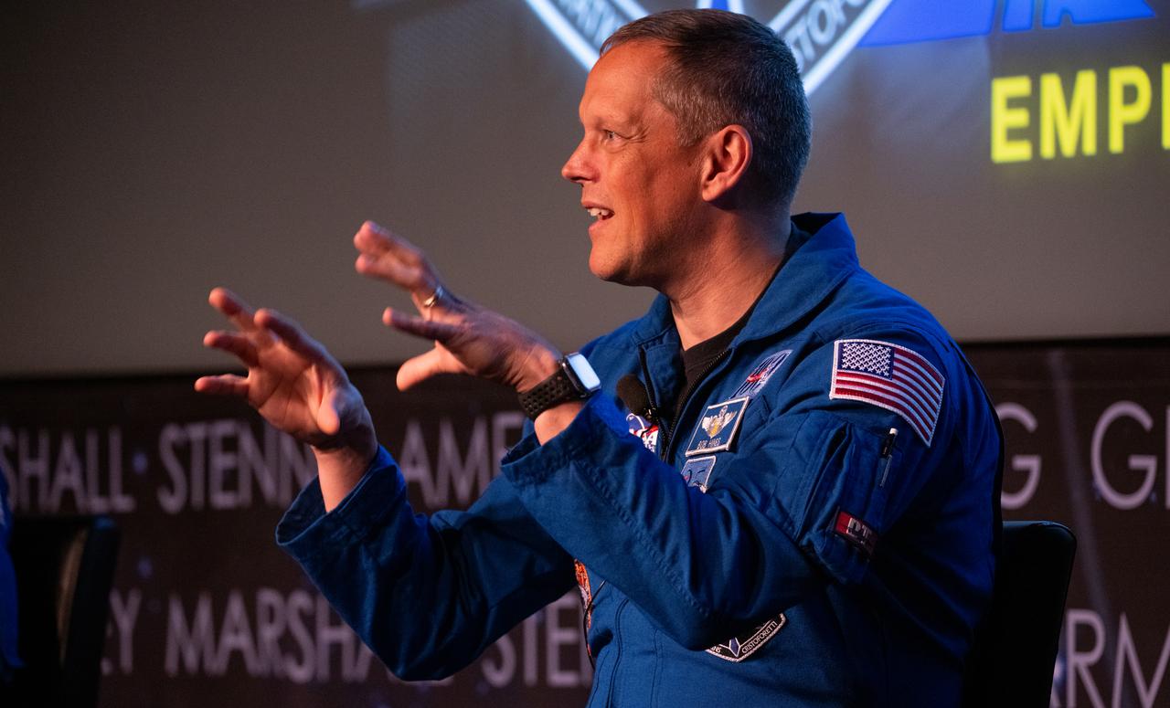 NASA astronaut Robert Hines answers a question during an employee engagement event, Tuesday, March 28, 2023, at the Mary W. Jackson NASA Headquarters building in Washington. Hines, NASA astronauts Kjell Lindgren and Jessica Watkins spent 170 days in space as part of Expeditions 67 and 68 aboard the International Space Station.  Photo Credit: (NASA/Joel Kowsky)