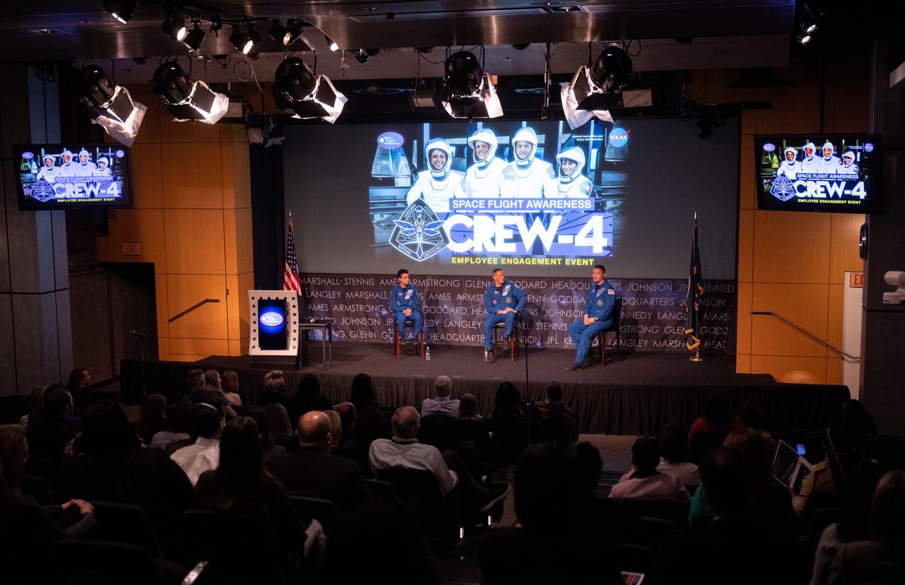 NASA astronauts Jessica Watkins, left, Robert Hines, center, and Kjell Lindgren, right, speak about their time onboard the International Space Station during an employee engagement event, Tuesday, March 28, 2023, at the Mary W. Jackson NASA Headquarters building in Washington. Lindgren, Hines, and Watkins spent 170 days in space as part of Expeditions 67 and 68 aboard the International Space Station.  Photo Credit: (NASA/Joel Kowsky)