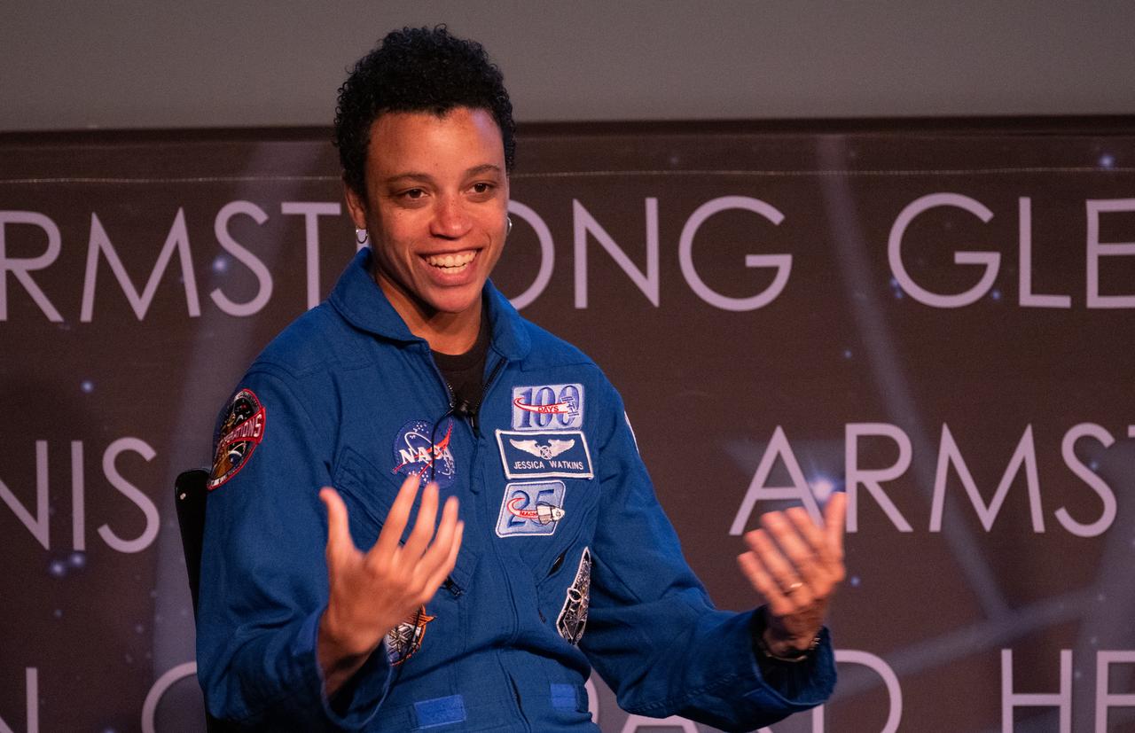 NASA astronaut Jessica Watkins speaks about her time onboard the International Space Station during an employee engagement event, Tuesday, March 28, 2023, at the Mary W. Jackson NASA Headquarters building in Washington. Watkins, and fellow crewmates NASA astronauts Robert Hines and Kjell Lindgren spent 170 days in space as part of Expeditions 67 and 68 aboard the International Space Station.  Photo Credit: (NASA/Joel Kowsky)