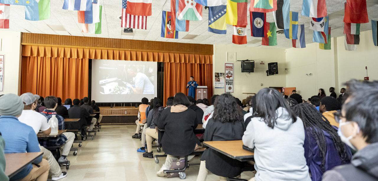 NASA astronaut Kjell Lindgren speaks with students during a STEM event at DuVal High School, Thursday, March 30, 2023, in Lanham, Maryland. Lindgren spent 170 days in space as part of Expeditions 67 and 68 aboard the International Space Station. Photo Credit: (NASA/Keegan Barber)