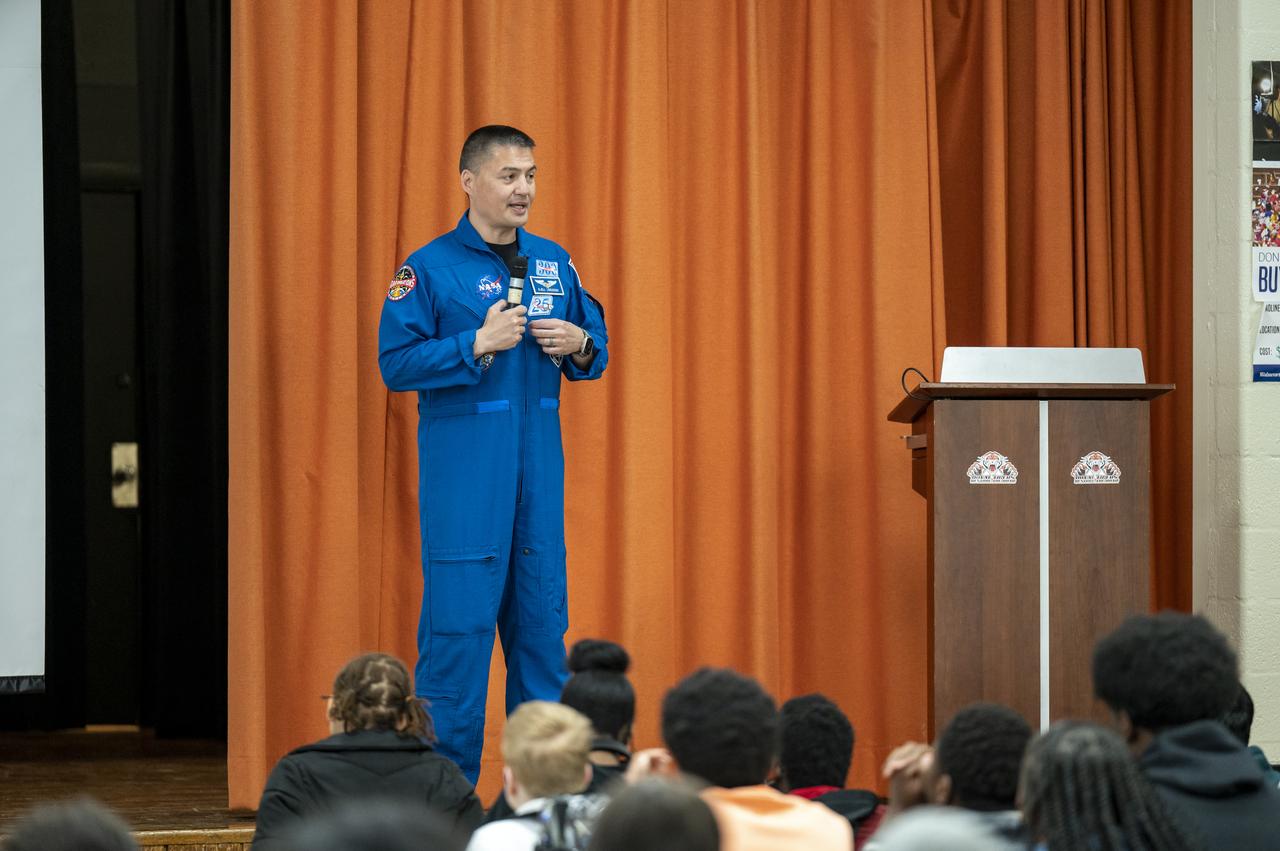 NASA astronaut Kjell Lindgren speaks with students during a STEM event at DuVal High School, Thursday, March 30, 2023, in Lanham, Maryland. Lindgren spent 170 days in space as part of Expeditions 67 and 68 aboard the International Space Station. Photo Credit: (NASA/Keegan Barber)