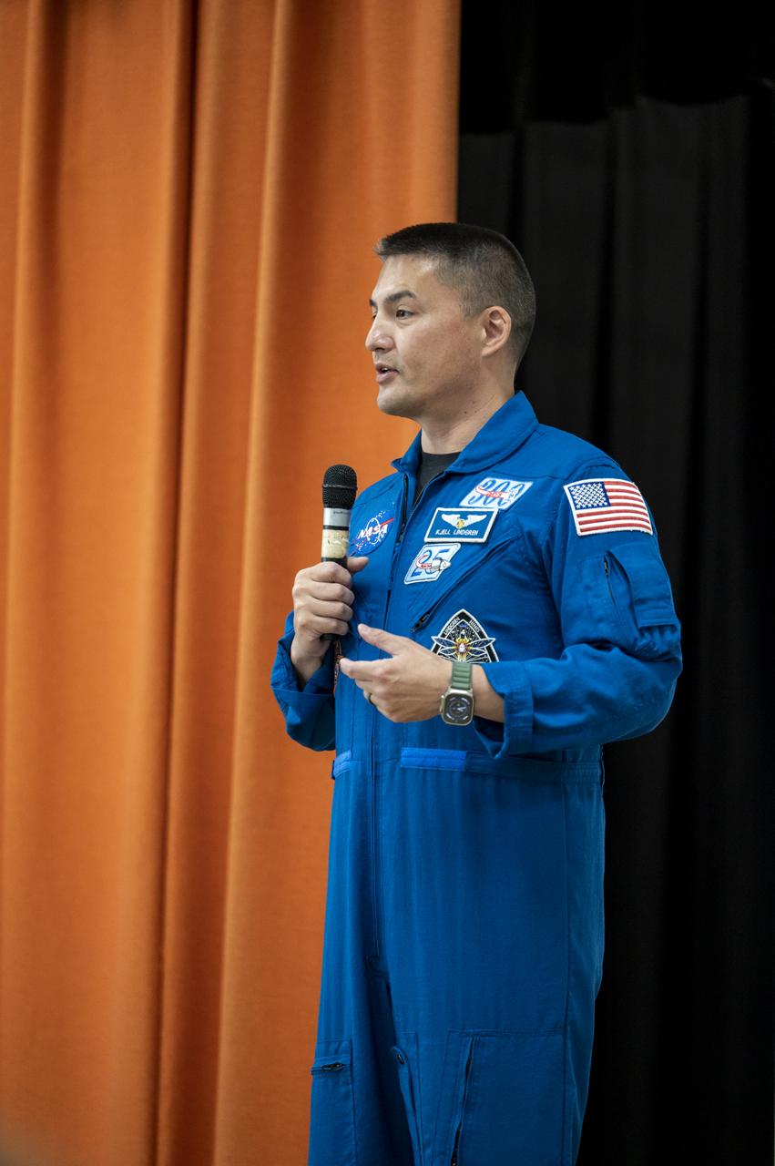 NASA astronaut Kjell Lindgren speaks with students during a STEM event at DuVal High School, Thursday, March 30, 2023, in Lanham, Maryland. Lindgren spent 170 days in space as part of Expeditions 67 and 68 aboard the International Space Station. Photo Credit: (NASA/Keegan Barber)