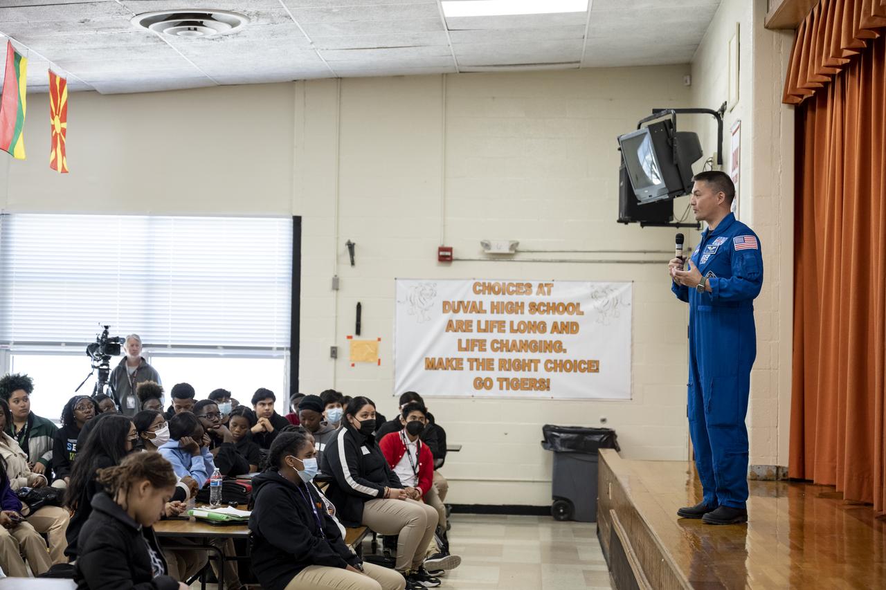 NASA astronaut Kjell Lindgren speaks with students during a STEM event at DuVal High School, Thursday, March 30, 2023, in Lanham, Maryland. Lindgren spent 170 days in space as part of Expeditions 67 and 68 aboard the International Space Station. Photo Credit: (NASA/Keegan Barber)