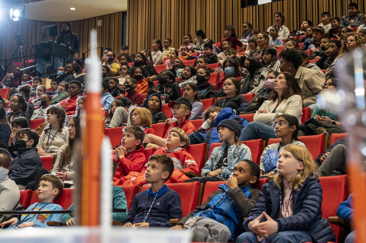 Local students watch a video presentation during an event with NASA astronauts Jessica Watkins, Kjell Lindgren, and Robert Hines at the Martin Luther King Jr Memorial Library, Thursday, March 30, 2023, in Washington. Lindgren, Hines, and Watkins spent 170 days in space as part of Expeditions 67 and 68 aboard the International Space Station.  Photo Credit: (NASA/Keegan Barber)