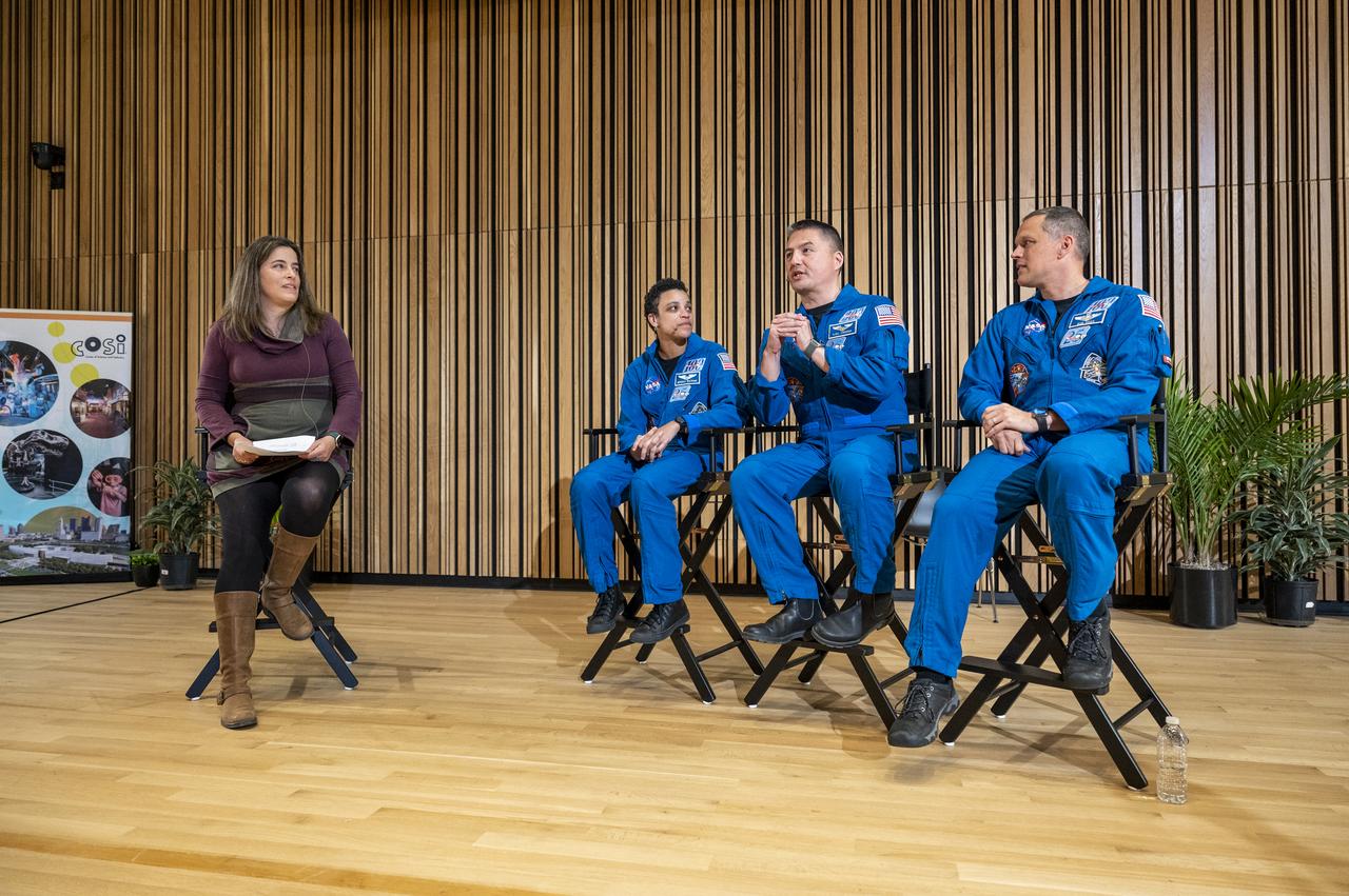 NASA astronauts Jessica Watkins, left, Kjell Lindgren, center, and Robert Hines, right, answer questions from students during an event at the Martin Luther King Jr Memorial Library, Thursday, March 30, 2023, in Washington. Lindgren, Hines, and Watkins spent 170 days in space as part of Expeditions 67 and 68 aboard the International Space Station.  Photo Credit: (NASA/Keegan Barber)