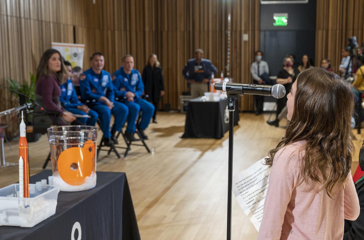 NASA astronauts Jessica Watkins, left, Kjell Lindgren, center, and Robert Hines, right, answer questions from students during an event at the Martin Luther King Jr Memorial Library, Thursday, March 30, 2023, in Washington. Lindgren, Hines, and Watkins spent 170 days in space as part of Expeditions 67 and 68 aboard the International Space Station. Photo Credit: (NASA/Keegan Barber)