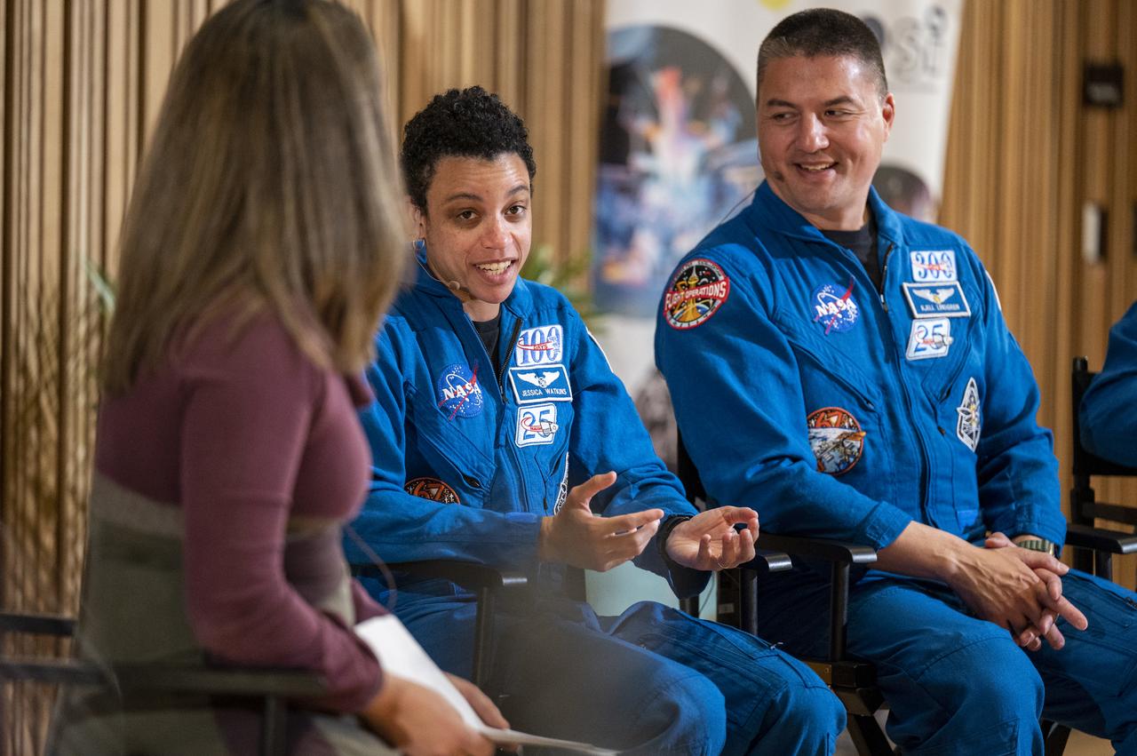 NASA astronauts Jessica Watkins, left, and Kjell Lindgren, right, answer questions from students during an event at the Martin Luther King Jr Memorial Library, Thursday, March 30, 2023, in Washington. Lindgren, Hines, and Watkins spent 170 days in space as part of Expeditions 67 and 68 aboard the International Space Station.  Photo Credit: (NASA/Keegan Barber)