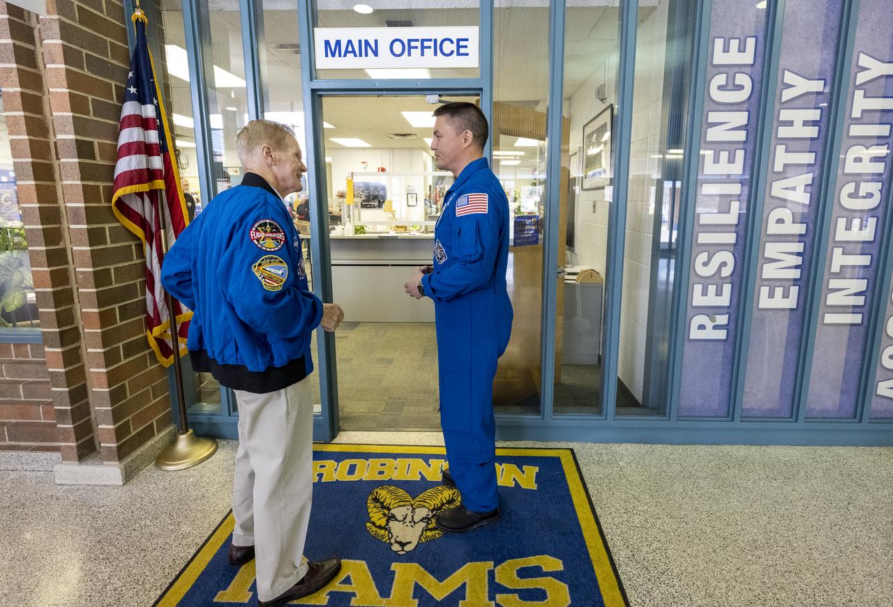 NASA Administrator Bill Nelson, left, and NASA Astronaut Kjell Lindgren, right, are seen prior to a STEM event at James W. Robinson Secondary School, Friday, March 31, 2023, in Fairfax, Virginia. Lindgren spent 170 days in space as part of Expeditions 67 and 68 aboard the International Space Station. Photo Credit: (NASA/Keegan Barber)