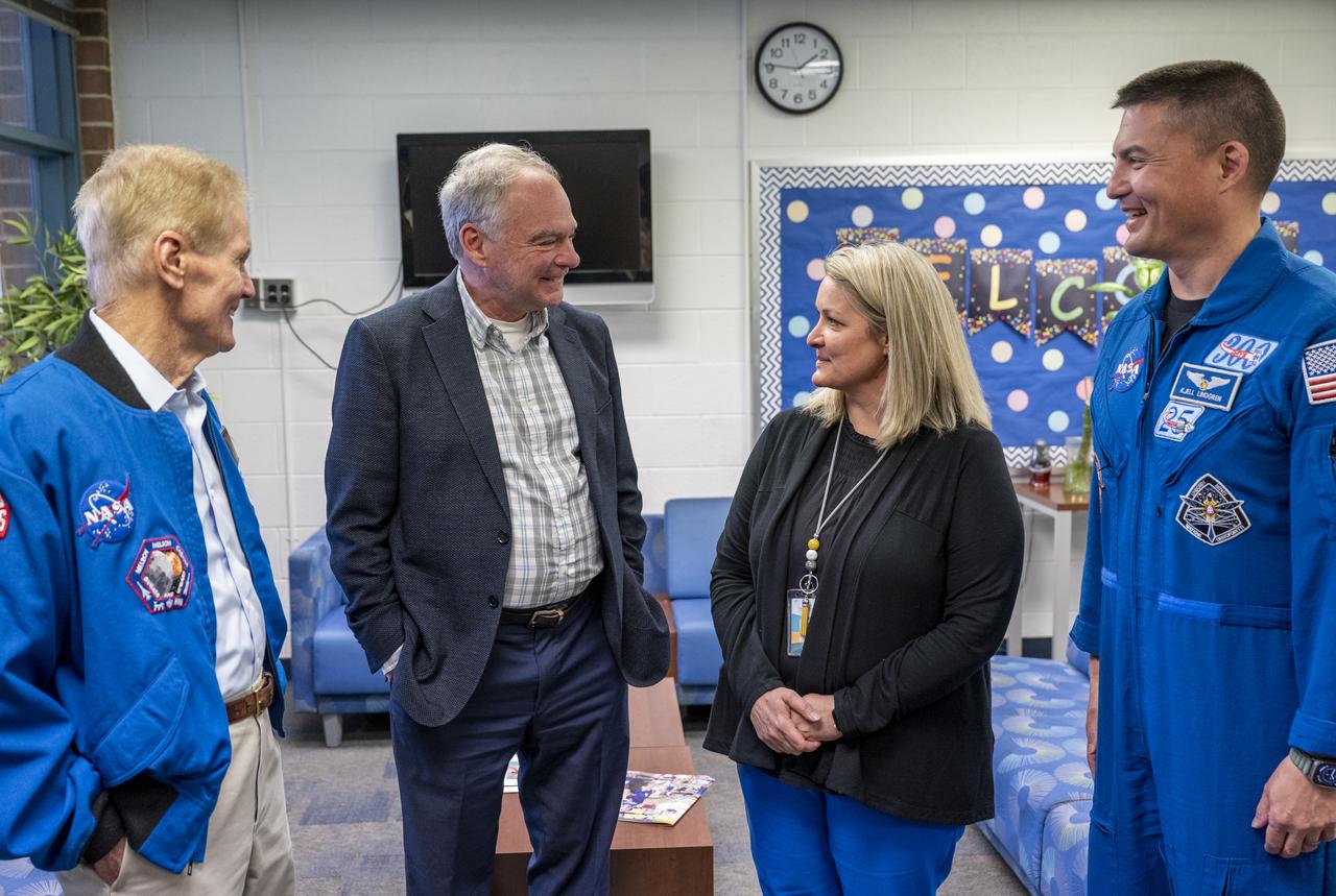 From left to right, NASA Administrator Bill Nelson, Senator Tim Kaine (D-Va.), Principal Tracey Phillips, and NASA Astronaut Kjell Lindgren are seen prior to a STEM event at James W. Robinson Secondary School, Friday, March 31, 2023, in Fairfax, Virginia. Lindgren spent 170 days in space as part of Expeditions 67 and 68 aboard the International Space Station. Photo Credit: (NASA/Keegan Barber)