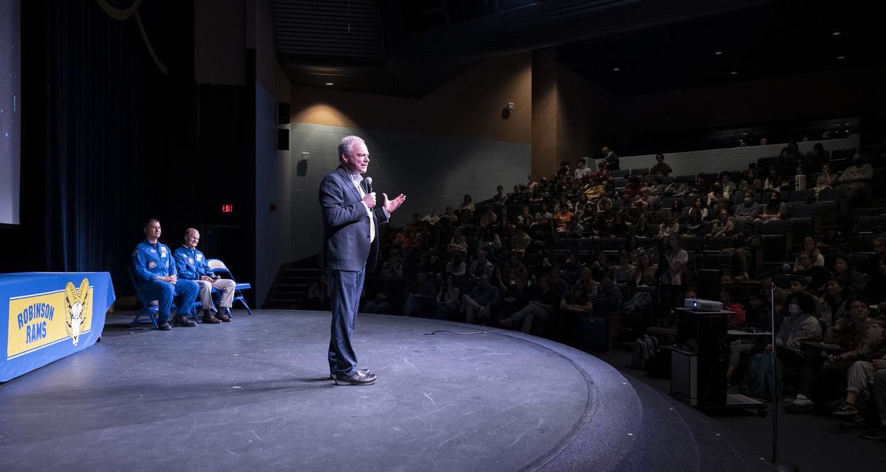 Senator Tim Kaine (D-Va.) delivers remarks during a STEM event with NASA Astronaut Kjell Lindgren and NASA Administrator Bill Nelson at James W. Robinson Secondary School, Friday, March 31, 2023, in Fairfax, Virginia. Lindgren spent 170 days in space as part of Expeditions 67 and 68 aboard the International Space Station. Photo Credit: (NASA/Keegan Barber)