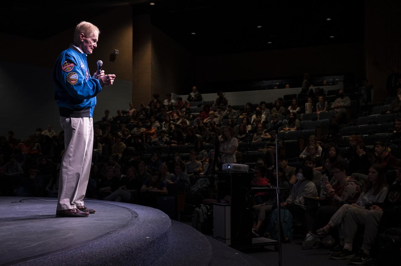 NASA Administrator Bill Nelson delivers remarks during a STEM event with NASA Astronaut Kjell Lindgren and Senator Tim Kaine (D-Va.) at James W. Robinson Secondary School, Friday, March 31, 2023, in Fairfax, Virginia. Lindgren spent 170 days in space as part of Expeditions 67 and 68 aboard the International Space Station. Photo Credit: (NASA/Keegan Barber)