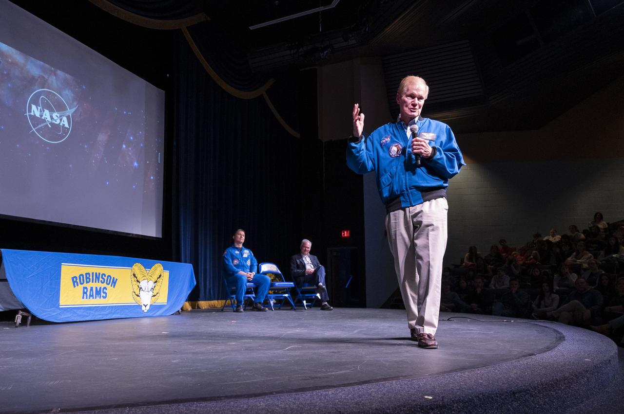 NASA Administrator Bill Nelson delivers remarks during a STEM event with NASA Astronaut Kjell Lindgren and Senator Tim Kaine (D-Va.) at James W. Robinson Secondary School, Friday, March 31, 2023, in Fairfax, Virginia. Lindgren spent 170 days in space as part of Expeditions 67 and 68 aboard the International Space Station. Photo Credit: (NASA/Keegan Barber)