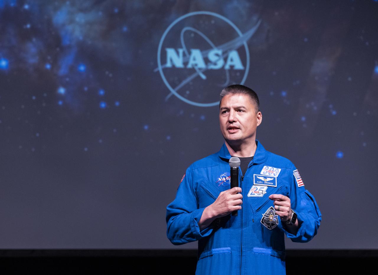 NASA Astronaut Kjell Lindgren delivers remarks during a STEM event with NASA Administrator Bill Nelson and Senator Tim Kaine (D-Va.) at James W. Robinson Secondary School, Friday, March 31, 2023, in Fairfax, Virginia. Lindgren spent 170 days in space as part of Expeditions 67 and 68 aboard the International Space Station. Photo Credit: (NASA/Keegan Barber)