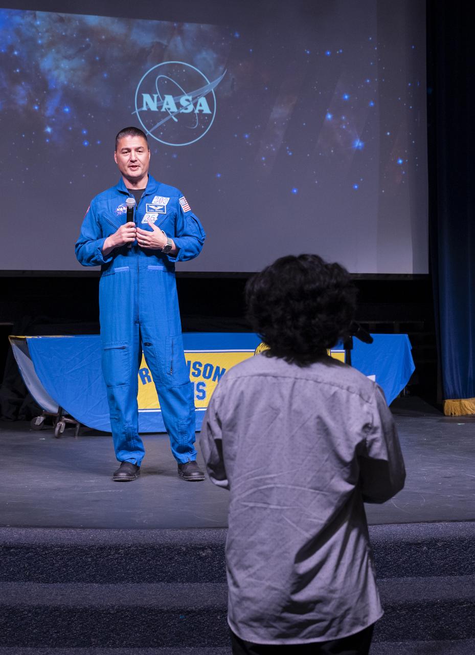NASA Astronaut Kjell Lindgren answers questions from students during a STEM event with NASA Administrator Bill Nelson and Senator Tim Kaine (D-Va.) at James W. Robinson Secondary School, Friday, March 31, 2023, in Fairfax, Virginia. Lindgren spent 170 days in space as part of Expeditions 67 and 68 aboard the International Space Station. Photo Credit: (NASA/Keegan Barber)