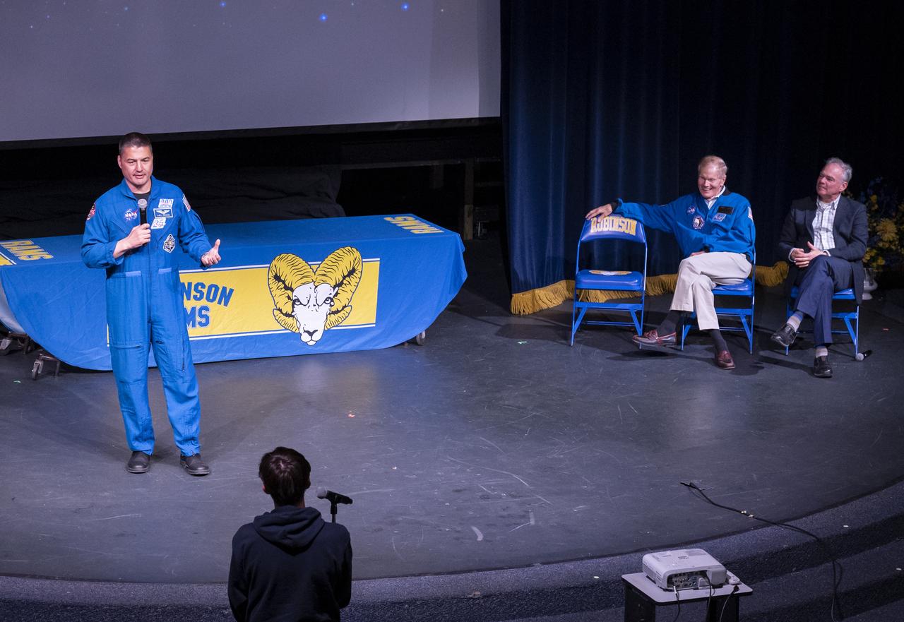 NASA Astronaut Kjell Lindgren answers questions from students during a STEM event with NASA Administrator Bill Nelson and Senator Tim Kaine (D-Va.) at James W. Robinson Secondary School, Friday, March 31, 2023, in Fairfax, Virginia. Lindgren spent 170 days in space as part of Expeditions 67 and 68 aboard the International Space Station. Photo Credit: (NASA/Keegan Barber)