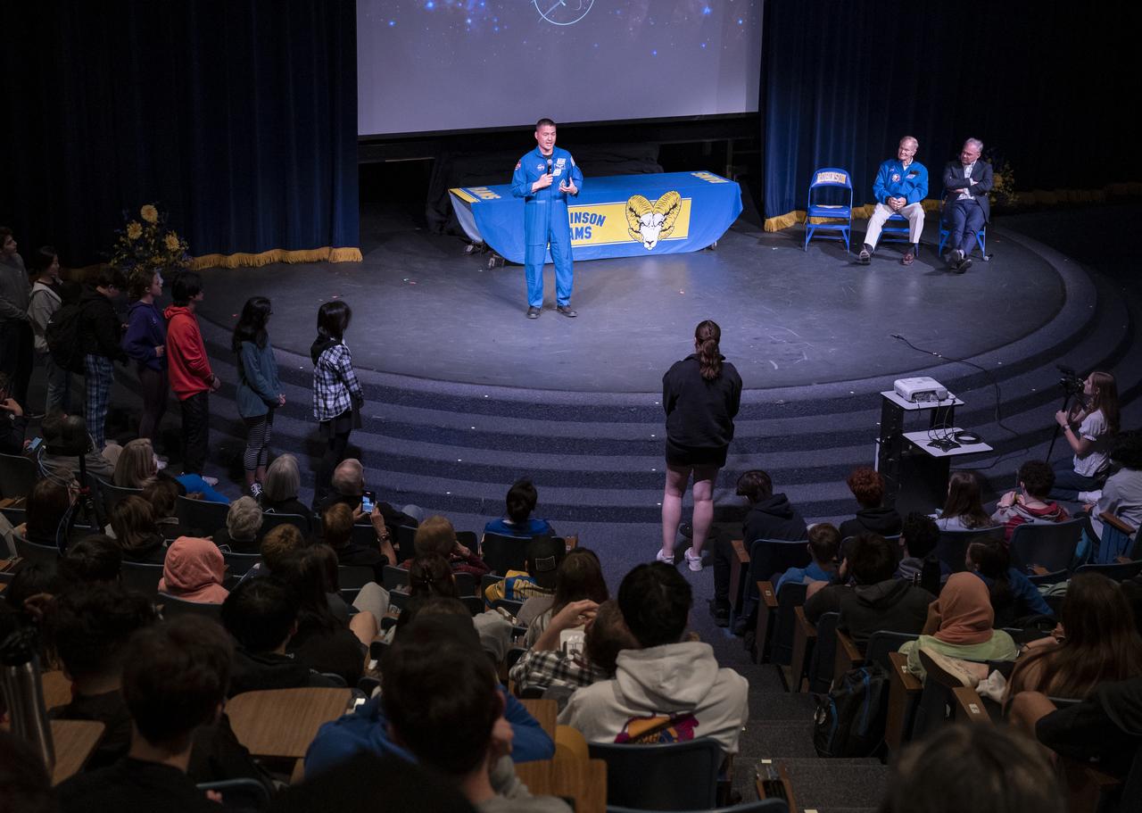 NASA Astronaut Kjell Lindgren answers questions from students during a STEM event with NASA Administrator Bill Nelson and Senator Tim Kaine (D-Va.) at James W. Robinson Secondary School, Friday, March 31, 2023, in Fairfax, Virginia. Lindgren spent 170 days in space as part of Expeditions 67 and 68 aboard the International Space Station. Photo Credit: (NASA/Keegan Barber)