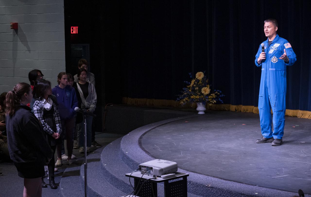 NASA Astronaut Kjell Lindgren answers questions from students during a STEM event with NASA Administrator Bill Nelson and Senator Tim Kaine (D-Va.) at James W. Robinson Secondary School, Friday, March 31, 2023, in Fairfax, Virginia. Lindgren spent 170 days in space as part of Expeditions 67 and 68 aboard the International Space Station. Photo Credit: (NASA/Keegan Barber)