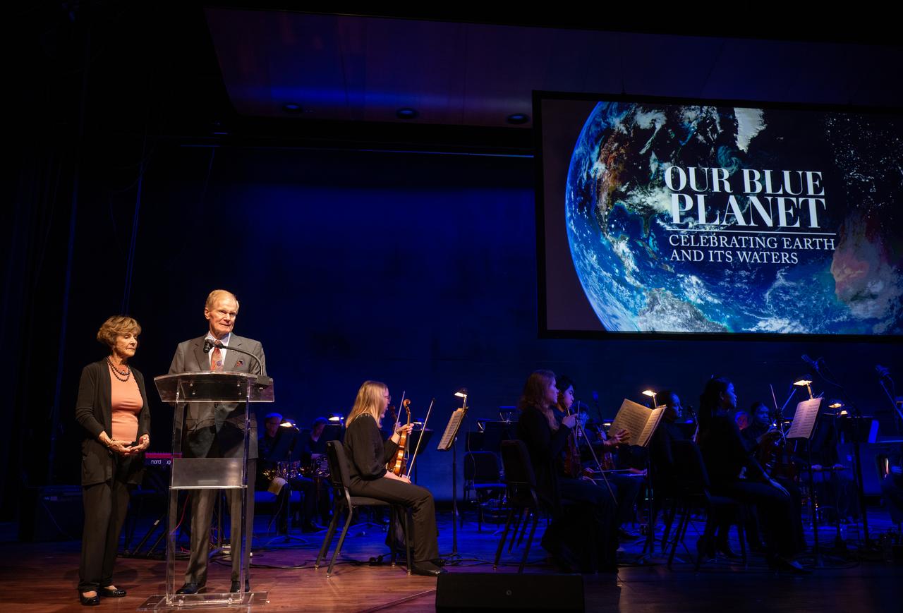 NASA Administrator Bill Nelson, right, and Jeannie Schulz, widow of Peanuts gang creator Charles M. Schulz, left, are seen, Wednesday, April 5, 2023, Our Blue Planet concert at the John F. Kennedy Center for the Performing Arts in Washington. Snoopy rode along as the zero gravity indicator on NASA’s Artemis I mission as part of a partnership with the agency and continues to help NASA inspire kids of all ages to follow along with Artemis missions. Photo Credit: (NASA/Joel Kowsky)
