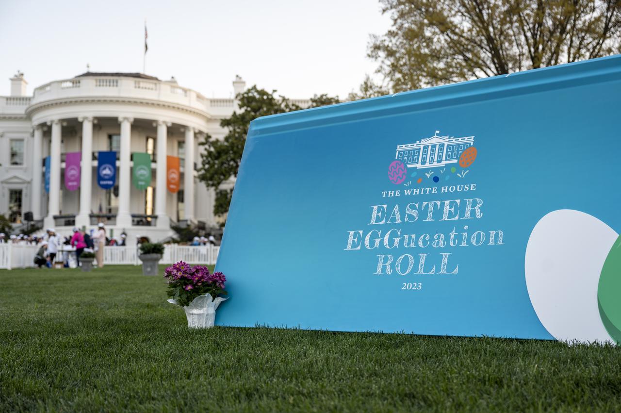 White House Easter Egg Roll decoration and signage is seen, Monday, April 10, 2023, on the South Lawn of the White House in Washington. Photo Credit: (NASA/Keegan Barber)
