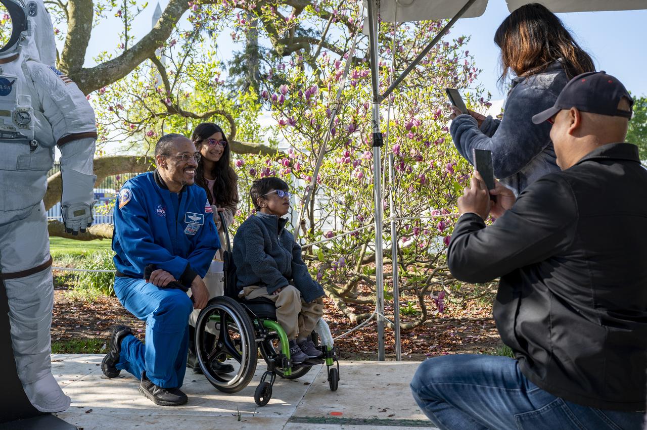 NASA astronaut Alvin Drew poses for a photo with guests during the White House Easter Egg Roll, Monday, April 10, 2023, on the South Lawn of the White House in Washington. Photo Credit: (NASA/Keegan Barber)