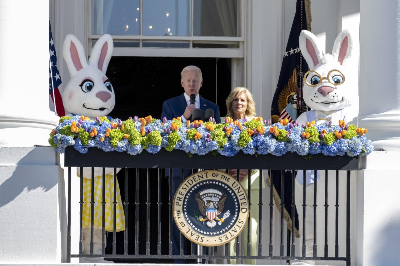 President Joe Biden and First Lady Jill Biden deliver remarks during the White House Easter Egg Roll, Monday, April 10, 2023, from the Blue Room Balcony of the White House in Washington. Photo Credit: (NASA/Keegan Barber)