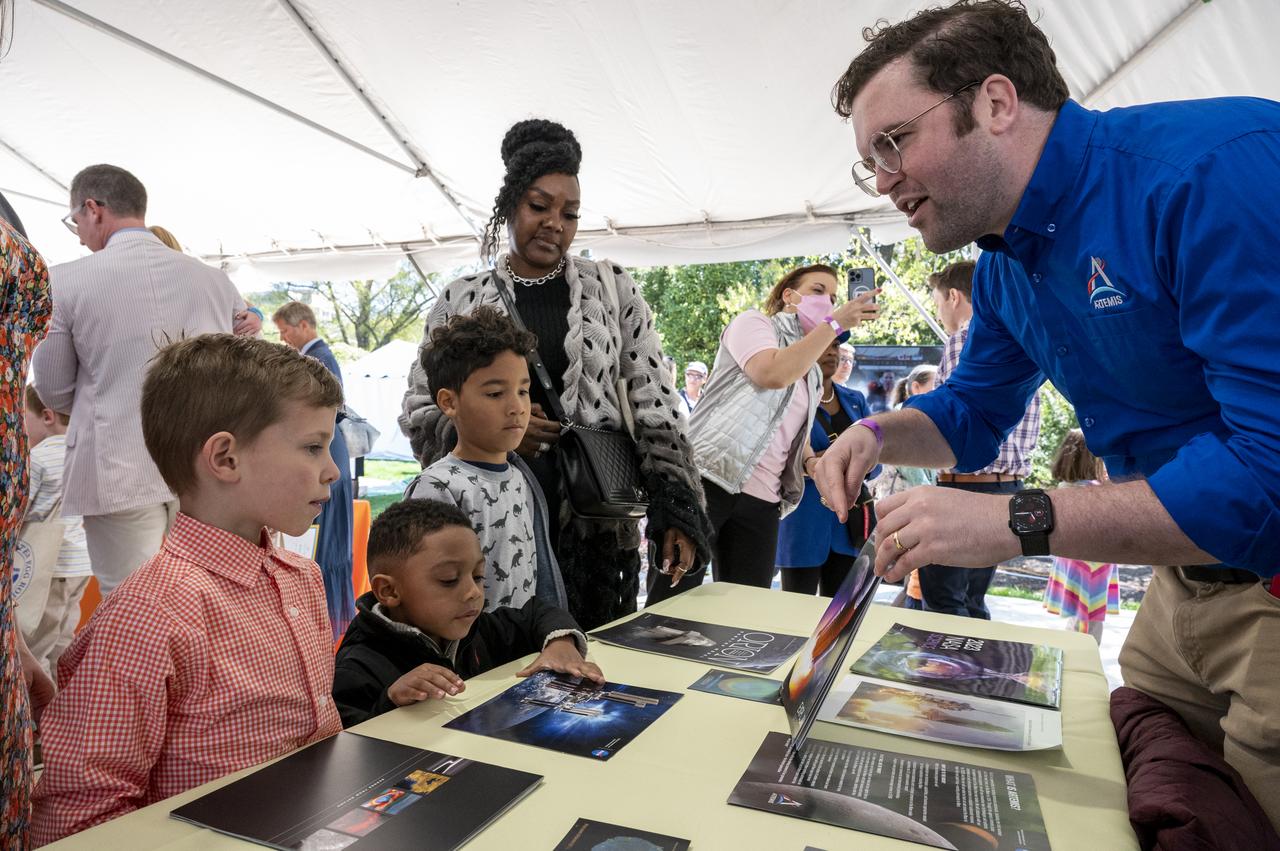 Guests participate in STEM activities during the White House Easter Egg Roll, Monday, April 10, 2023, on the South Lawn of the White House in Washington. Photo Credit: (NASA/Keegan Barber)
