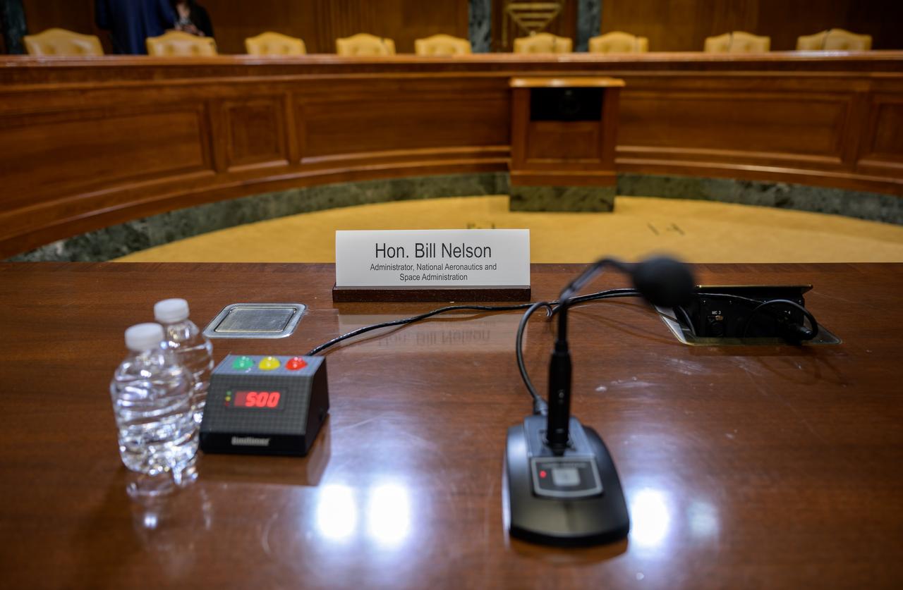 The witness table is seen ahead of NASA Administrator Bill Nelson testifing before the Senate Appropriations’ Commerce, Justice, Science, and Related Agencies subcommittee during a budget hearing, Tuesday, April 18, 2023, at the Dirksen Senate Office Building in Washington. Photo Credit: (NASA/Bill Ingalls)