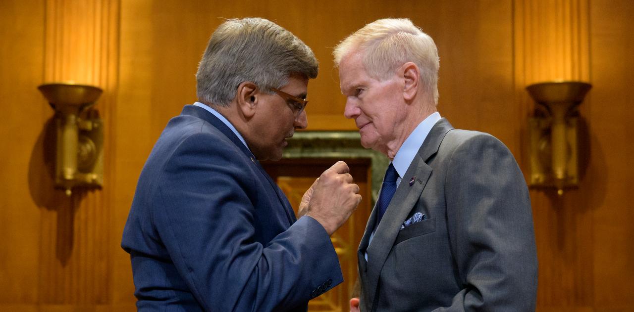 National Science Foundation Director Sethuraman Panchanathan, left, and NASA Administrator Bill Nelson talk at the conclusion of the Senate Appropriations’ Commerce, Justice, Science, and Related Agencies subcommittee budget hearing, Tuesday, April 18, 2023, at the Dirksen Senate Office Building in Washington. Photo Credit: (NASA/Bill Ingalls)
