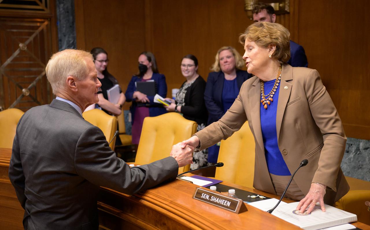 NASA Administrator Bill Nelson shakes hands with Sen. Jeanne Shaheen, D-N.H., Chair Senate Appropriations’ Commerce, Justice, Science, and Related Agencies subcommittee at the conclusion of a Senate Appropriations’ Commerce, Justice, Science, and Related Agencies subcommittee budget hearing, Tuesday, April 18, 2023, at the Dirksen Senate Office Building in Washington. Photo Credit: (NASA/Bill Ingalls)