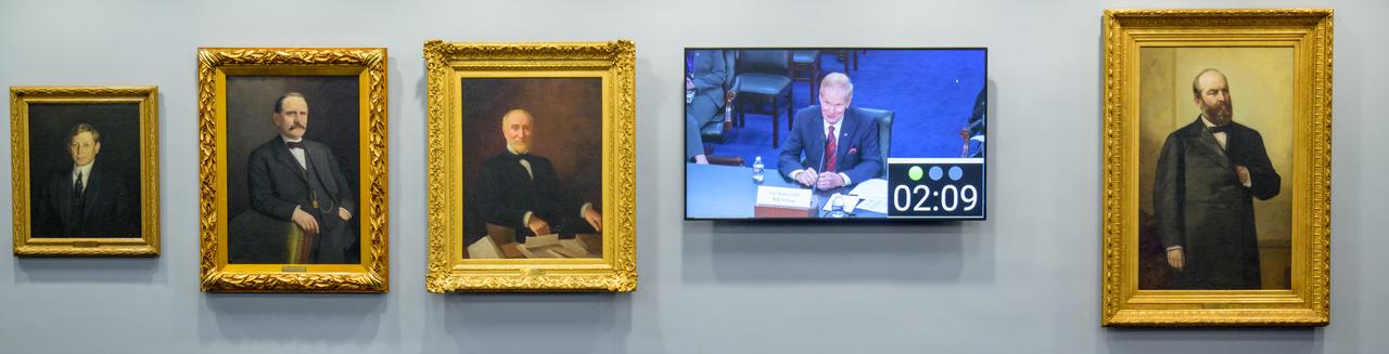 NASA Administrator Bill Nelson is seen on a monitor as he testifies before the House Subcommittee on Commerce Justice Science and Related Agencies during a hearing on the fiscal year 2024 budget request, Wednesday, April 19, 2023 at the Rayburn House Office Building in Washington. Photo Credit: (NASA/Bill Ingalls)