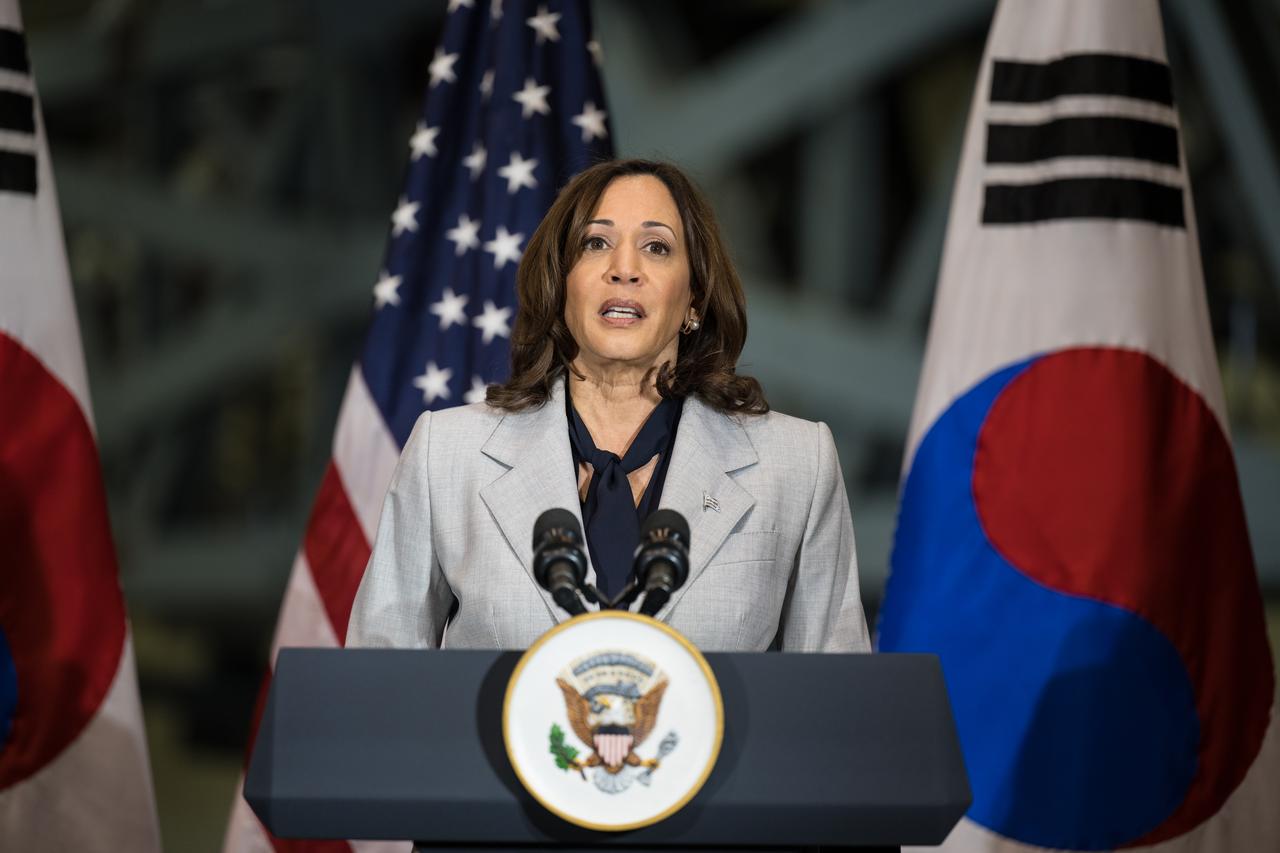 Vice President Kamala Harris delivers remarks during a tour of NASA’s Goddard Space Flight Center with President Yoon Suk Yeol of the Republic of Korea, Tuesday, April 25, 2023, in Greenbelt, Md.  Photo Credit: (NASA/Aubrey Gemignani)