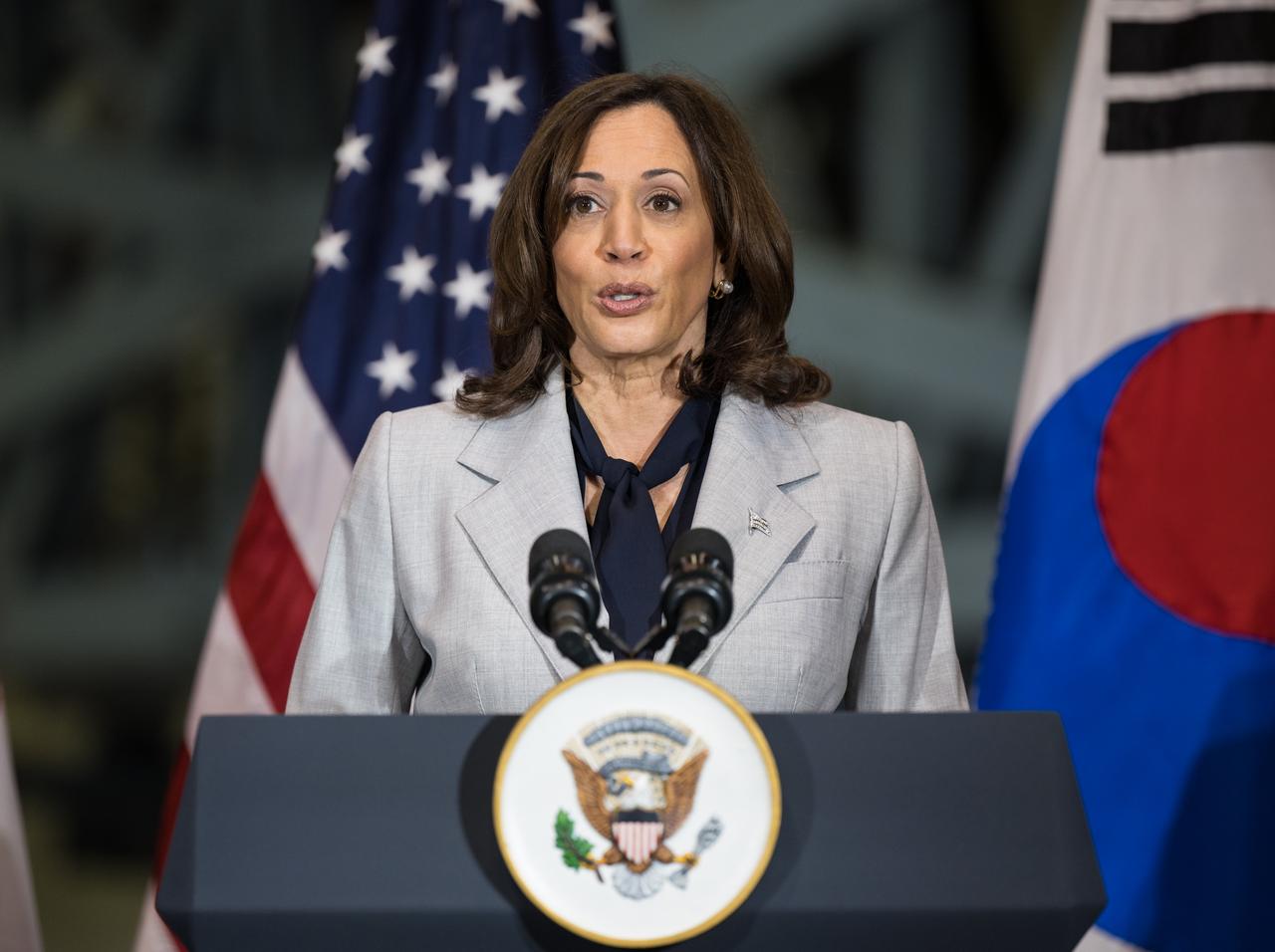 Vice President Kamala Harris delivers remarks during a tour of NASA’s Goddard Space Flight Center with President Yoon Suk Yeol of the Republic of Korea, Tuesday, April 25, 2023, in Greenbelt, Md.  Photo Credit: (NASA/Aubrey Gemignani)