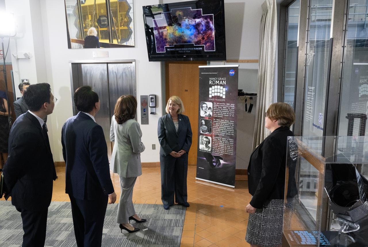 Dr. Julie McEnery, senior project scientist on NASA’s Nancy Grace Roman Space Telescope, right, briefs Vice President Kamala Harris, President Yoon Suk Yeol of the Republic of Korea and NASA Deputy Administrator Pam Melroy on the Nancy Grace Roman Space Telescope in the observation area of the high bay clean room, Tuesday, April 25, 2023, at NASA’s Goddard Space Flight Center in Greenbelt, Md.  Photo Credit: (NASA/Joel Kowsky)