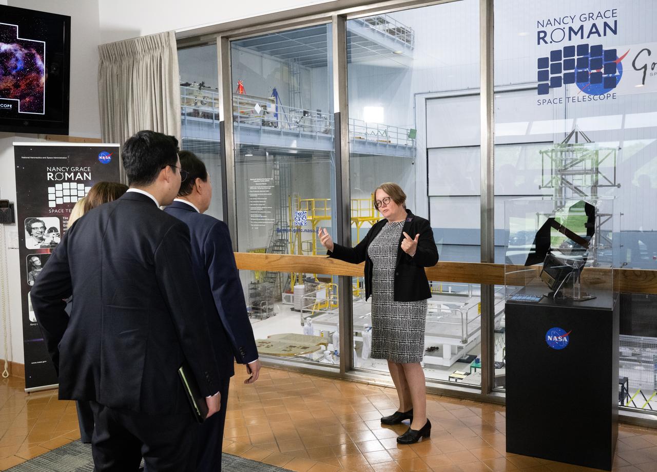 Dr. Julie McEnery, senior project scientist on NASA’s Nancy Grace Roman Space Telescope, right, briefs Vice President Kamala Harris, President Yoon Suk Yeol of the Republic of Korea and NASA Deputy Administrator Pam Melroy on the Nancy Grace Roman Space Telescope in the observation area of the high bay clean room, Tuesday, April 25, 2023, at NASA’s Goddard Space Flight Center in Greenbelt, Md.  Photo Credit: (NASA/Joel Kowsky)